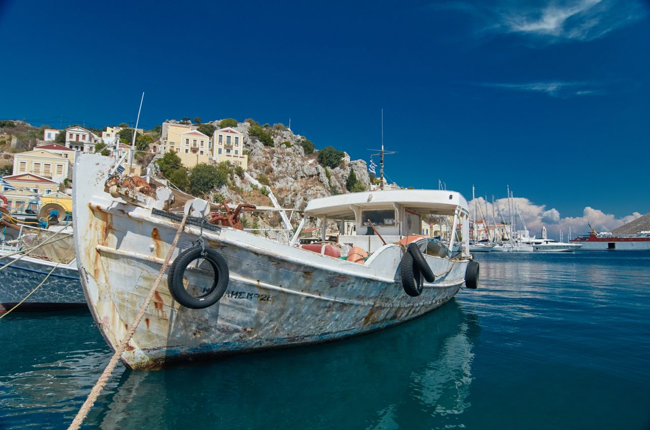 Fishing boat in Port of Gialos, Symi